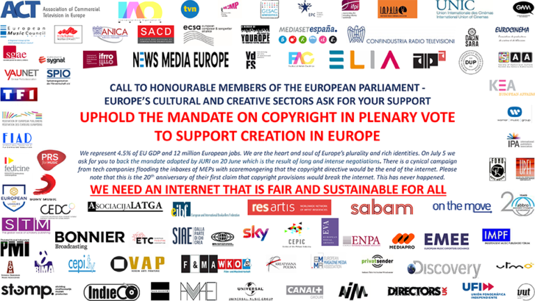 European Parliament Vote on EU Copyright Directive - 84 major European